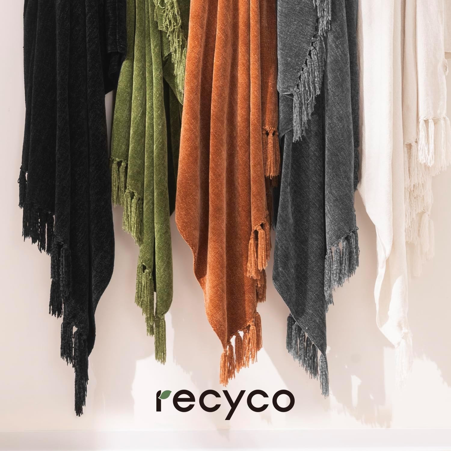 RECYCO Throw Blanket Soft Cozy Chenille Throw Blanket with Fringe Tassel for Couch Sofa Chair Bed Living Room Gift (Black, 50" x 60")