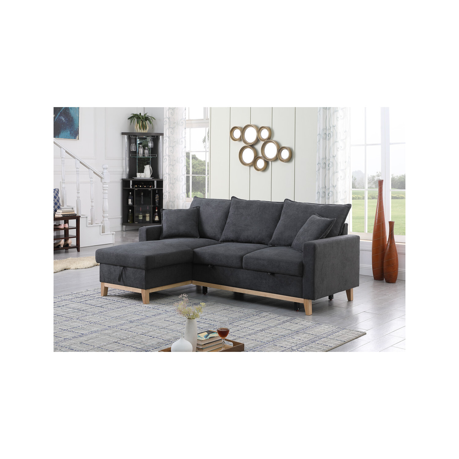 Lilola Home Colton Dark Gray Woven Reversible Sleeper Sectional Sofa with Storage Chaise
