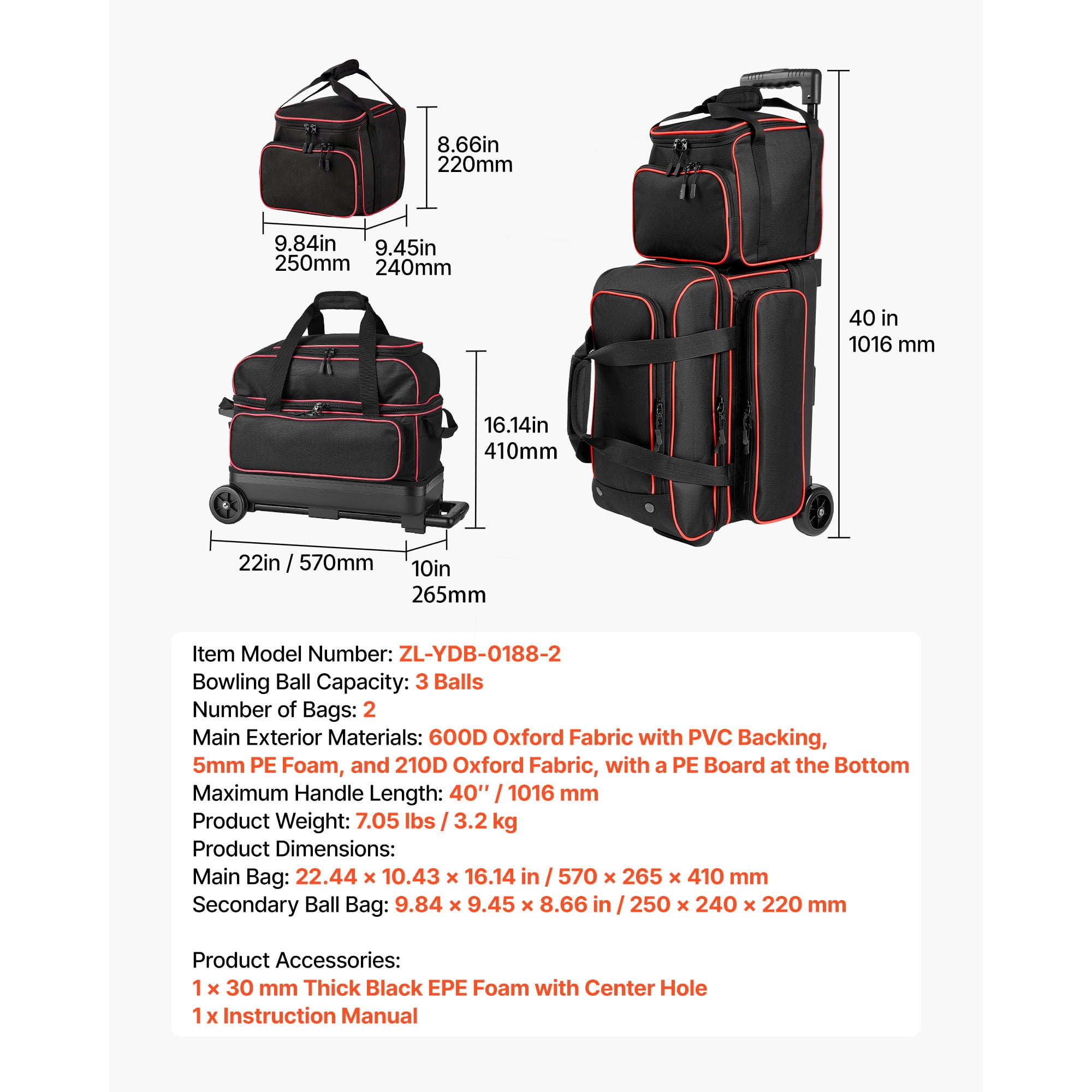 KFFKFF 3-Ball Bowling Bag with Wheels, Shoe Compartment for Sizes Up to US Men 16, Rolling Bag with Accessory Pocket and 40-Inch Retractable Handle