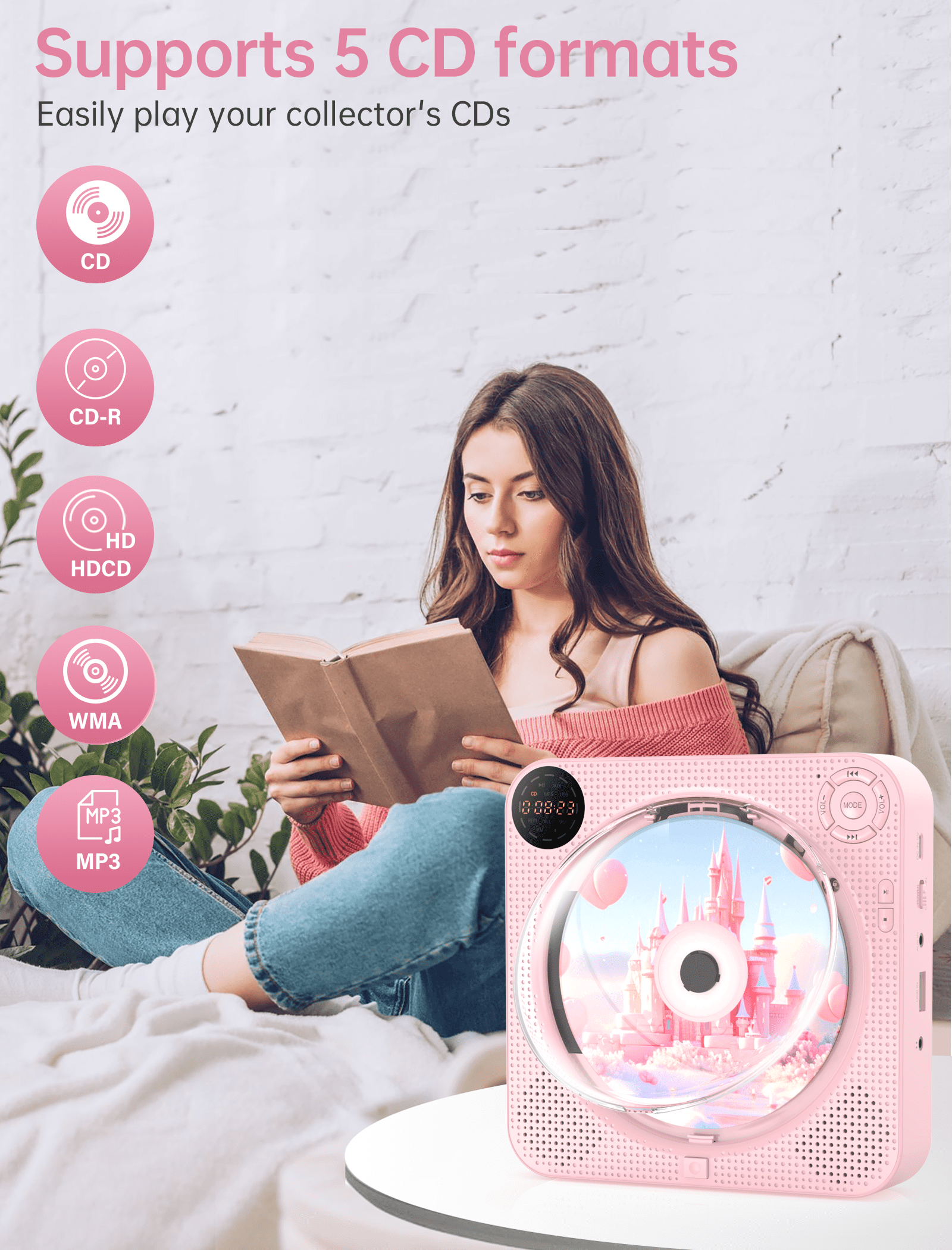 Portable Bluetooth CD Player with Speakers - Small Wall CD Player for Home with Remote Control FM Radio Digital Screen Headphone Jack,Support AUX in Cable&USB