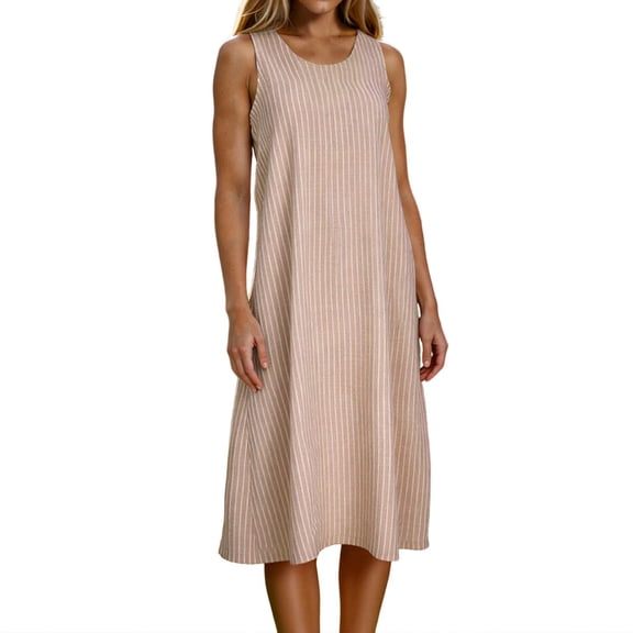 Stamzod Womens Summer Midi Dress 2026 Crew Neck Striped Flowy Dresses Casual Sundresses for Women Khaki B M
