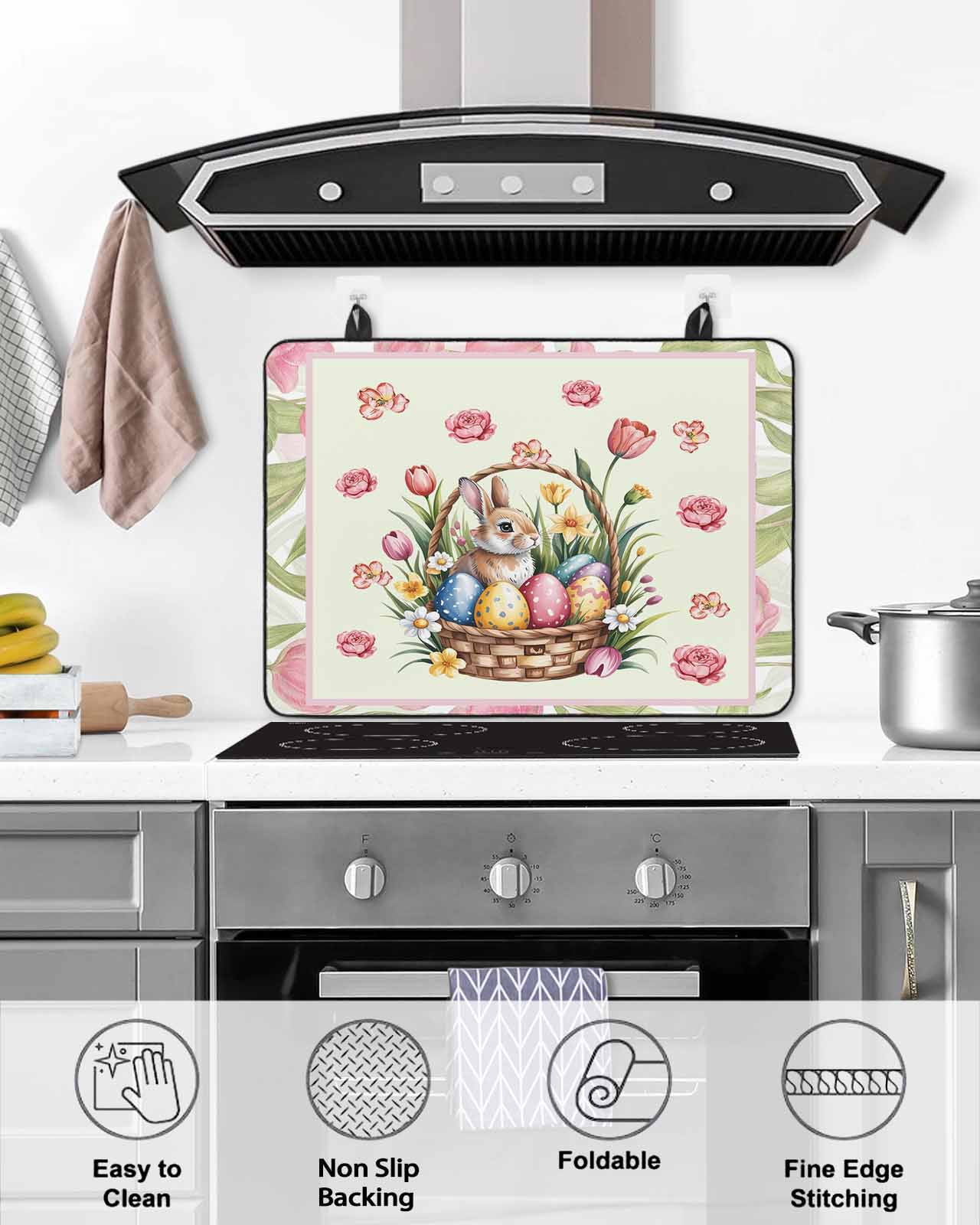 Large Induction Cooktop Protector Mat Easter Stove Top Covers for Electric Stove, Spring Rabbit Colorful Eggs Flowers Leaves Plants Decorative Stove Burner Cover Mats, Glass Top Stove Cover