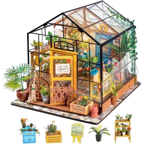 DIY Miniature House Kit-Mini Diorama 1/18 Greenhouse Dollhouse Building Kit with LED, Crafts for Adults Christmas Birthday Gift for Women Adults Dad Mom Home Decor (Cathy's Flower House)$$