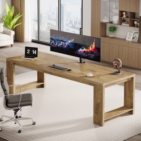 Tribesigns Farmhouse Computer Desk 86.6 Inch Extra Long Desk for 2 Person Rectangular Computer Desk for Home Office Living Room Oak