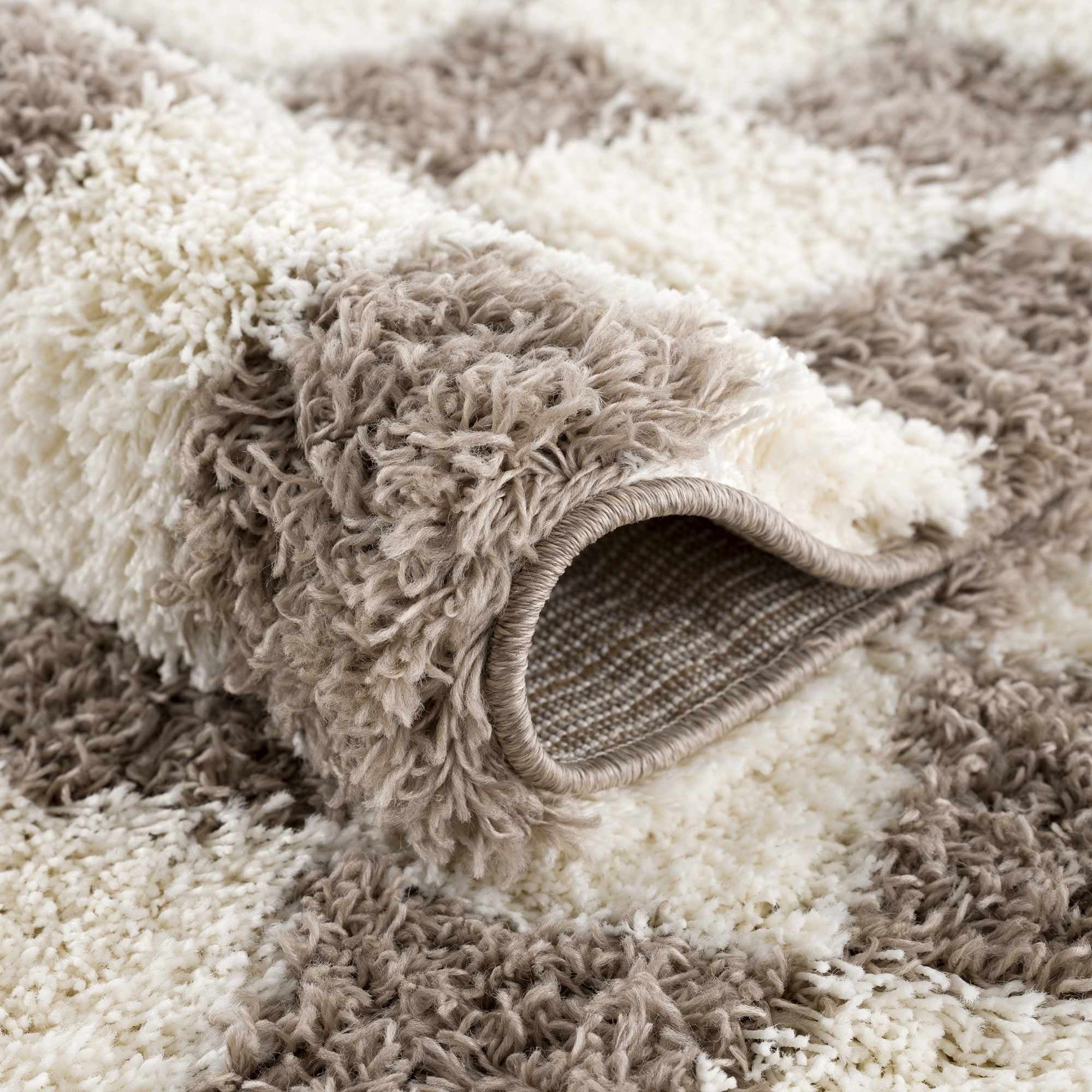 Hauteloom Marshmallow Contemporary Checkered Fluffy Shag Area Rug - Modern Geometric Carpet Tiles for Living Room, Kids Room, Nursery - Plush Pile - Cream, Brown - 8'10" x 12'