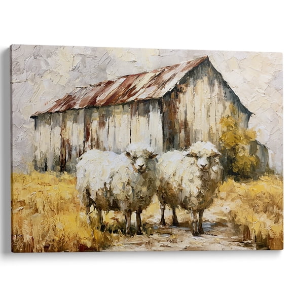 Rustic Sheep Barn Impasto Style 8 x 12 in Canvas Wall Art for Dining Room