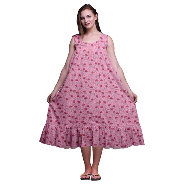 Bimba Rose Pâle3 Chemises de Nuit en Coton à Imprimé Artistique de Fleurs pour Femmes Robe Sans Manches Tenue de Nuit Robe Maxi Moyen