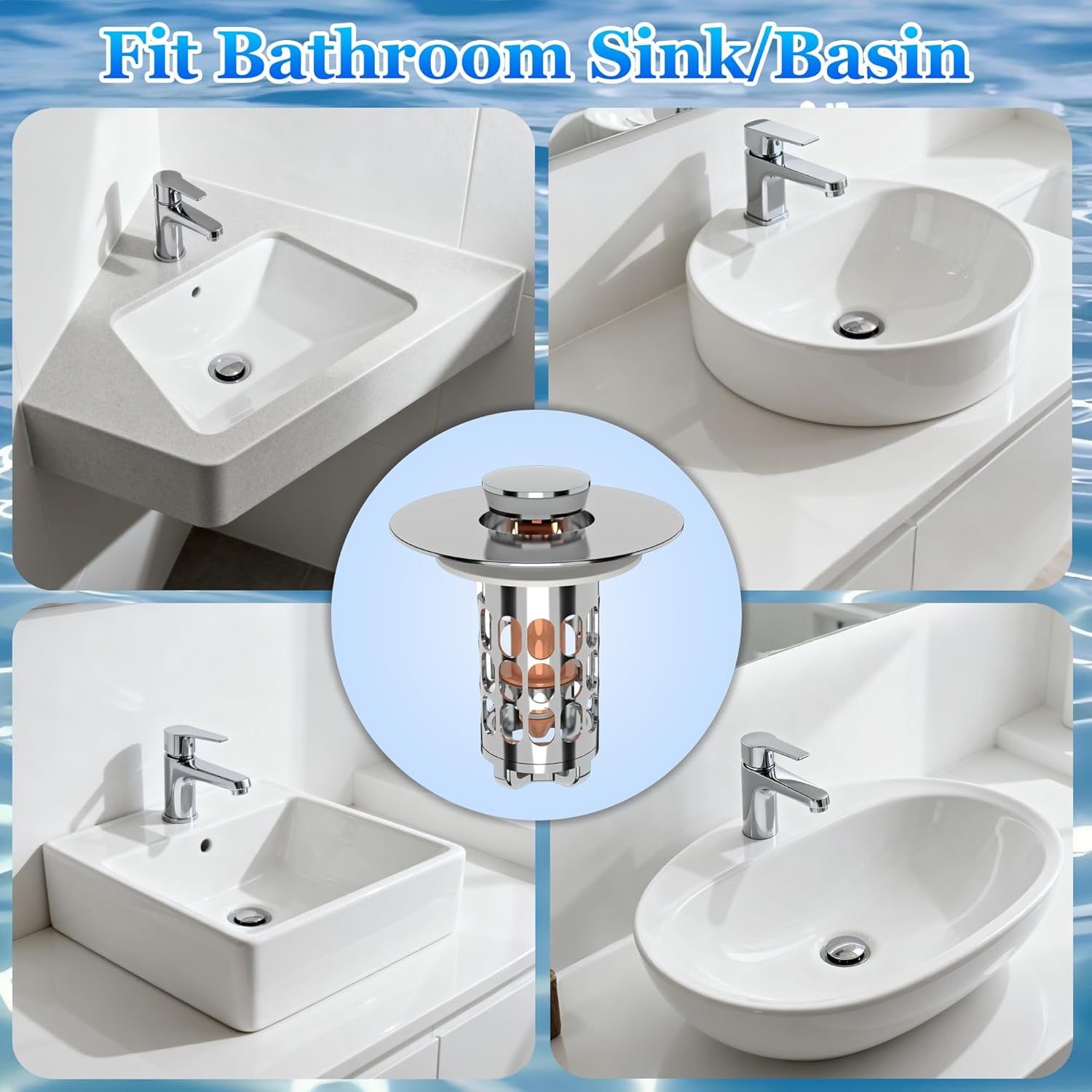 2pcs Silver Pop up Bathroom Sink Drain Strainer,Universal Sink Stopper Bathroom Drain with Filter Basket,Bathroom Sink Stopper Hair Catcher for 1.06"~1.61" Drain Hole