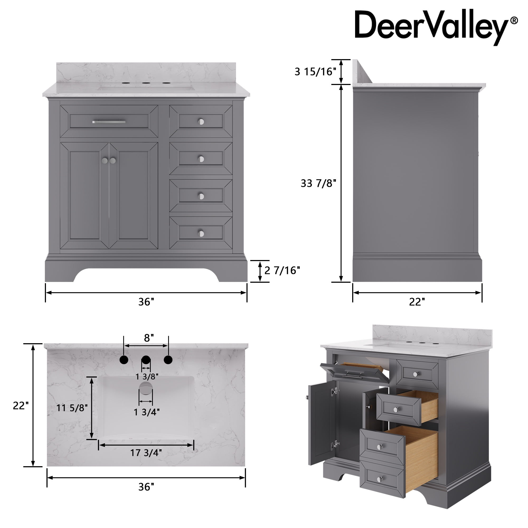 36 in. Single Sink Freestanding Light Gray Wood Bath Vanity with White Engineered Marble Top (Assembled)