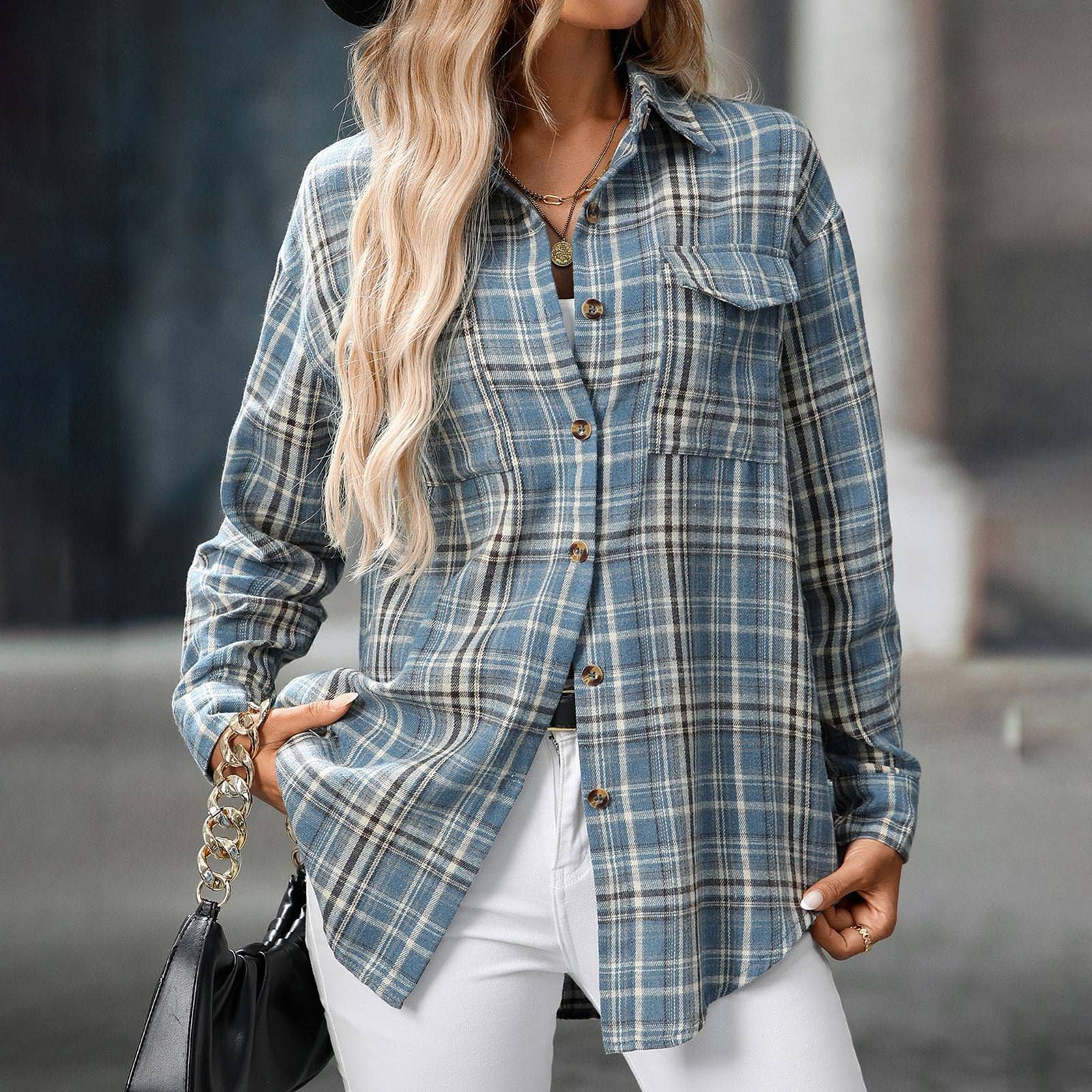 Chemise Décontractée Ample à Manches Longues à Carreaux avec