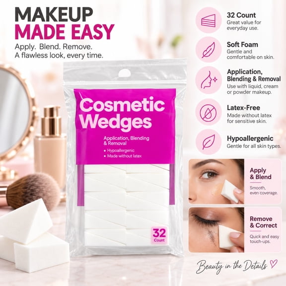 32-Count Latex-Free Foam Makeup Wedges, White Cosmetic Sponges for Foundation, Concealer, Blending & Smooth Makeup Application