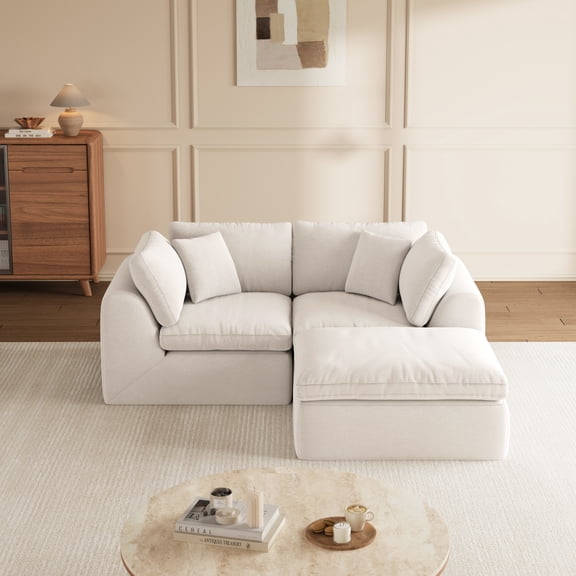 3-Seat L-Shape Modular Sectional Sofa with Ottoman, Velvet Boneless Cloud Loveseat, No-Assembly Design, 79" Wide, White