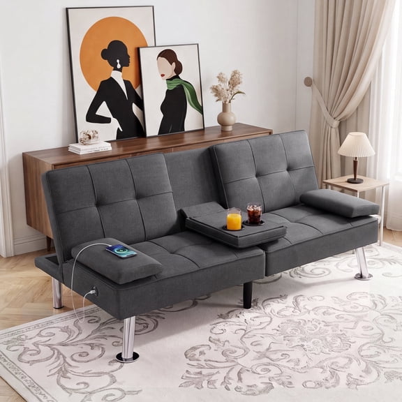Bonzy Home Futon Sofa Bed, 2 Seater Foldable Versatile Guest Couch with Cup Holders & USB Charging Port for Living Room,Gray