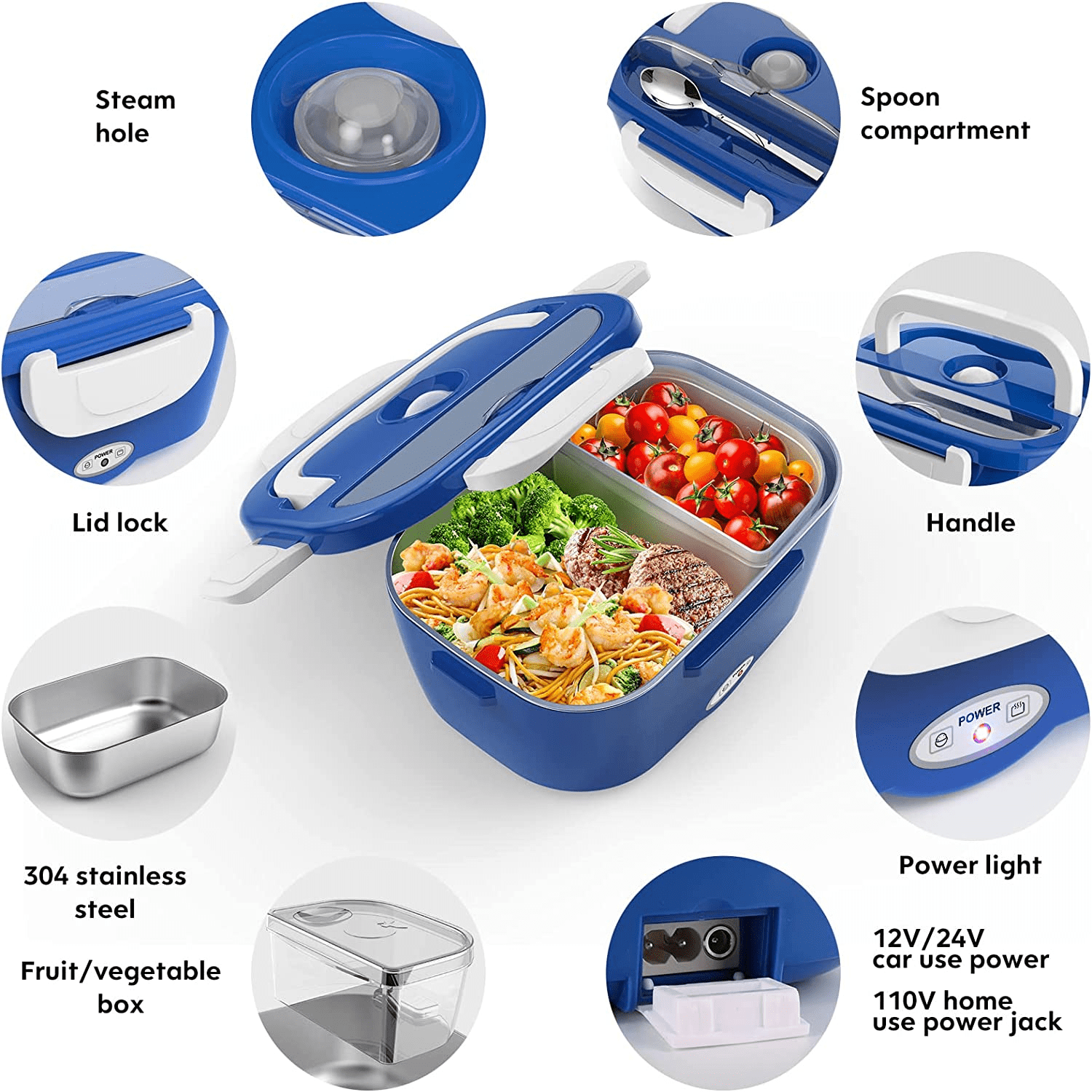 COCOBELA Electric Lunch Box Food Heater 2-In-1 Portable Food Warmer Lunch Box for Car & Home – Leak proof, 2 Compartments, Removable 304 Stainless Steel Container, SS fork & spoon and Carry Bag