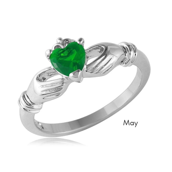 Rhodium Plated Sterling Silver 925 May Simulated Claddagh Ring Band Green CZ Female Size 8