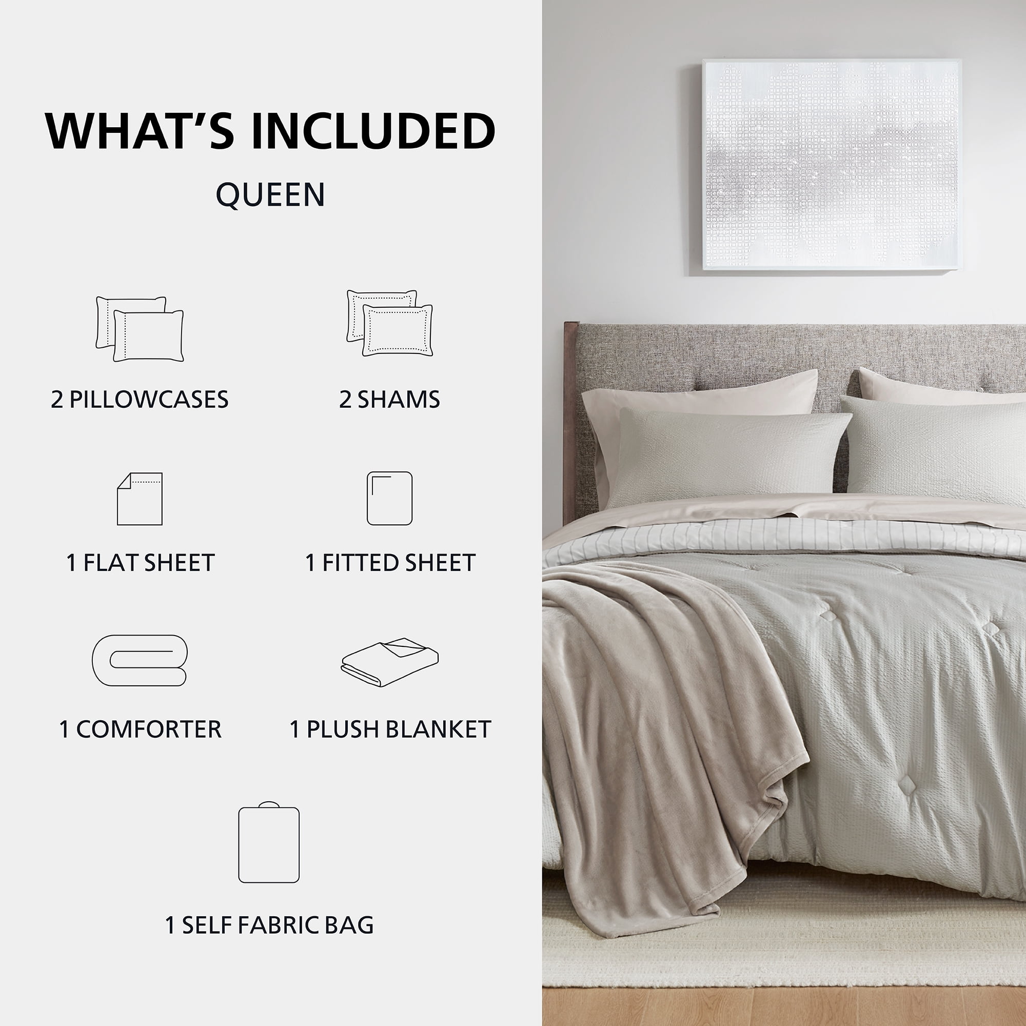 Mainstays 8-Piece Bed in a Bag Comforter Set with Sheets and Blanket, Stone, Queen
