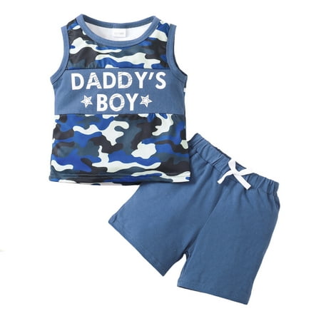 

Toddler Baby Boys Clothes Baby Boys Outfits 12-18 Months Boys Letter Print Sleeveless Camouflage Top Shorts 2PCS Set Blue