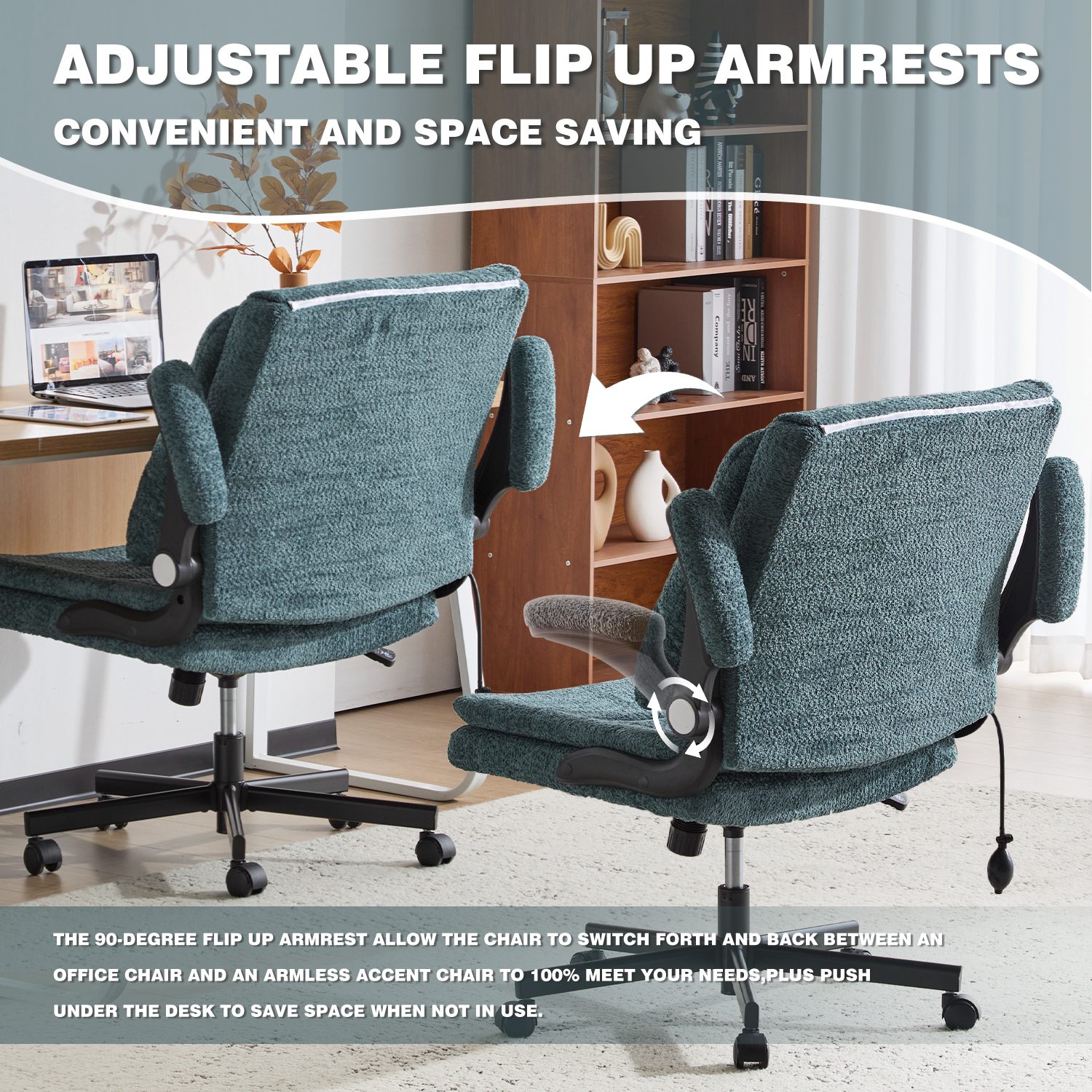 Wide Criss Cross Chair with Flip Up Back Cushion and Arms, Ergonomic Cross Legged Office Chair with Dynamic Lumbar Support, Upholstered Swivel Rolling Vanity Chair for Customized Comfort