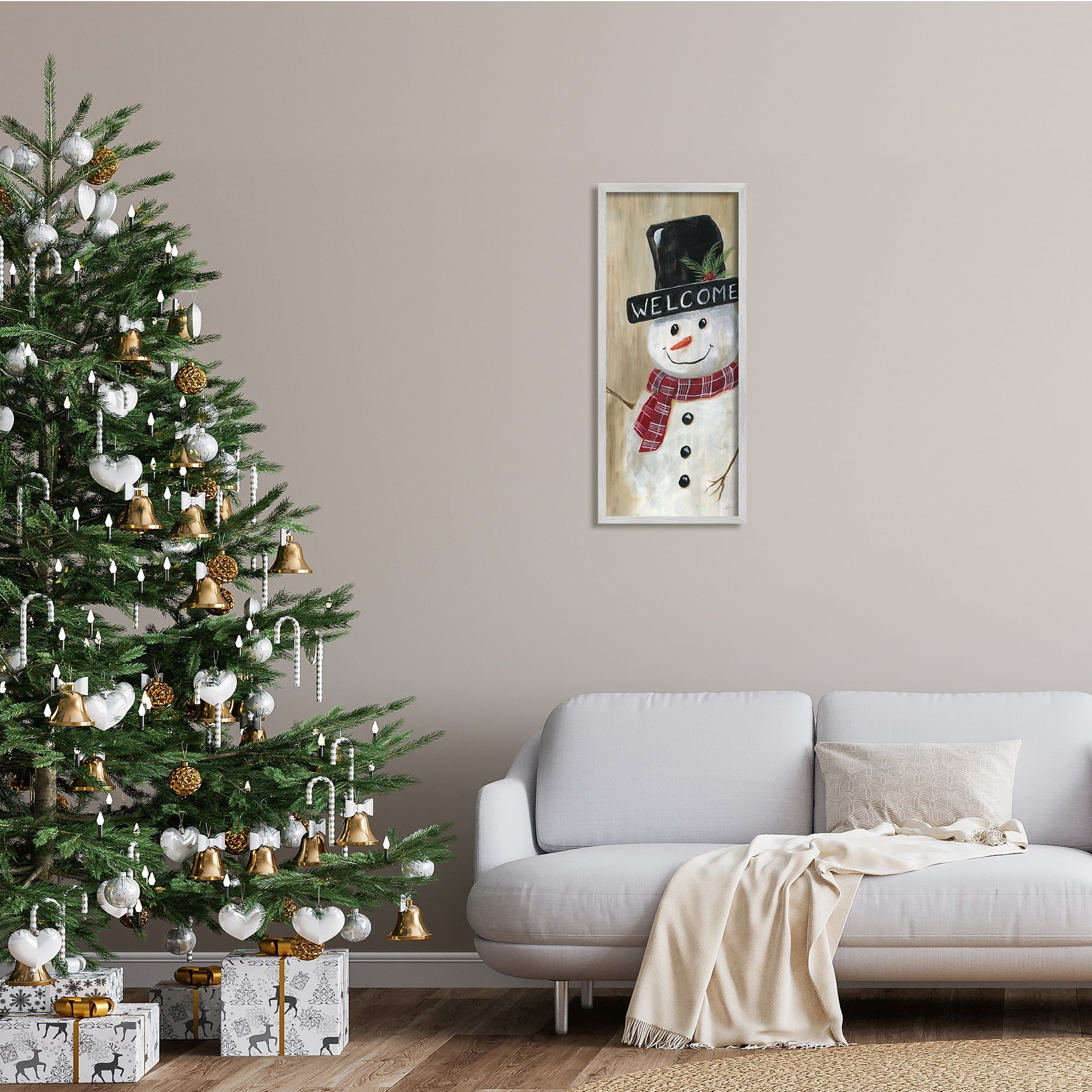Stupell Industries Welcome Greeting Rustic Winter Snowman Festive Holly Hat, 13 x 30, Design by Nan