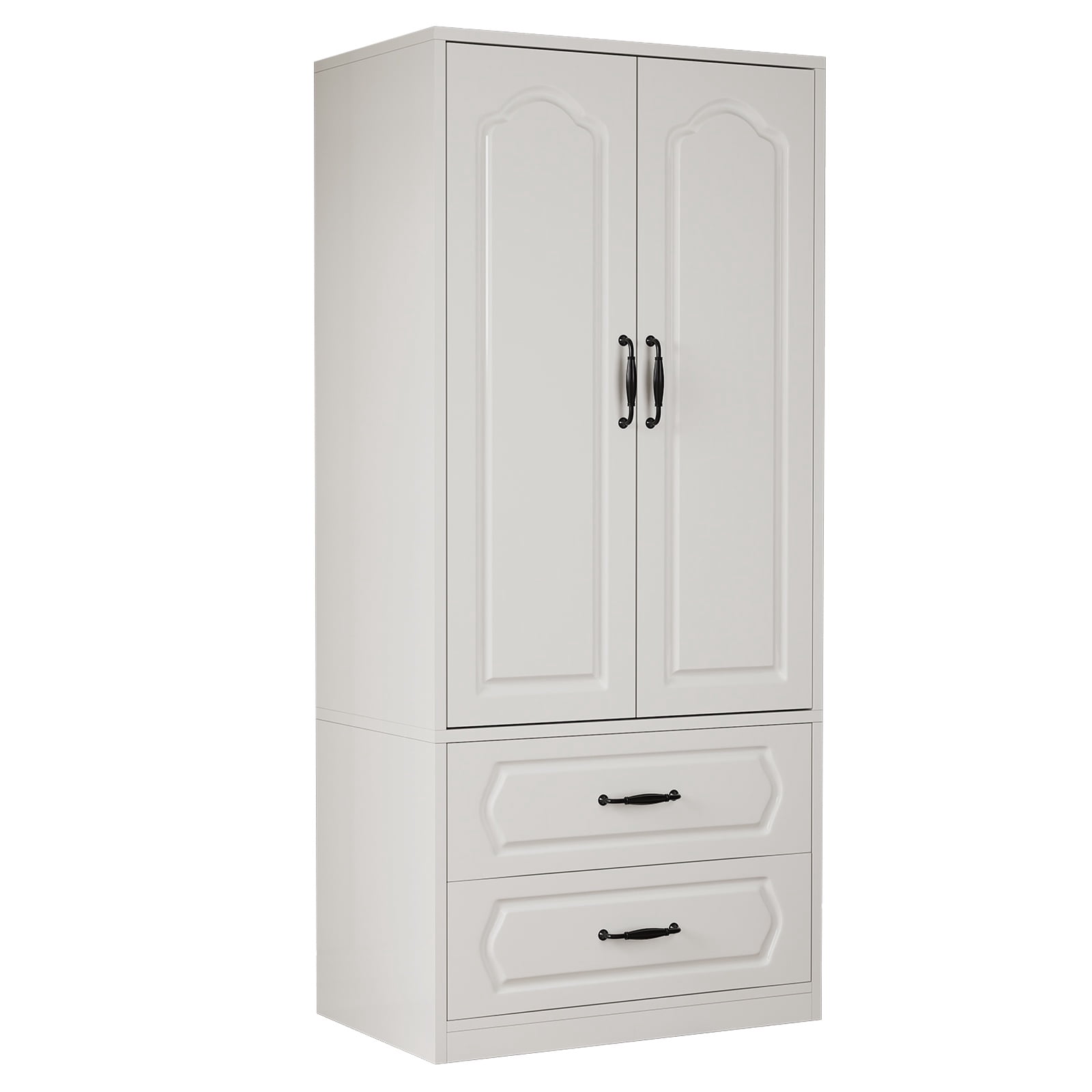 Lumiinofami 2 Door Wardrobe, Wooden Armoire with Hanging Rod and Drawers for Bedroom, White