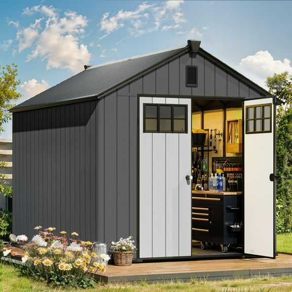 Uforic 8x10 FT Outdoor Storage Shed with Floor, Plastic Garden Shed for Bikes, Tools, and Pool Supplies, Outdoor Resin Shed with Lockable Doors, Windows, and Vents for Patio, Lawn, Backyard, Black