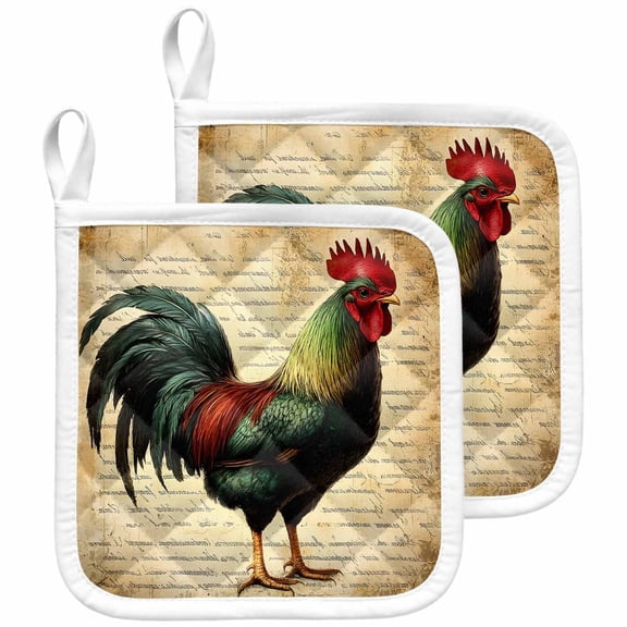 Retro Rooster Pot Holders for Kitchen Heatproof Potholder, 2 Pack Farmhouse Vintage Animal Watercolor Hot Pads Multipurpose Oven Pads Cloth Potholders Trivet for Cooking and Baking