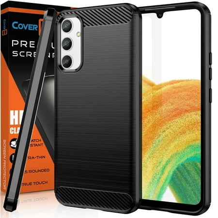CoverON For Samsung Galaxy A34 5G Phone Case and Screen Protector Tempered Glass, Slim TPU Minimal Cover Carbon Fiber, Black