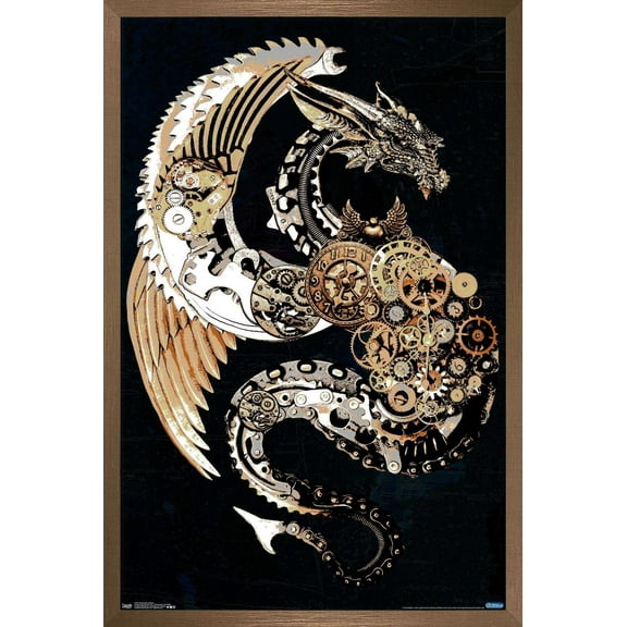 Steampunk Dragon Wall Poster, 14.725" x 22.375", Framed