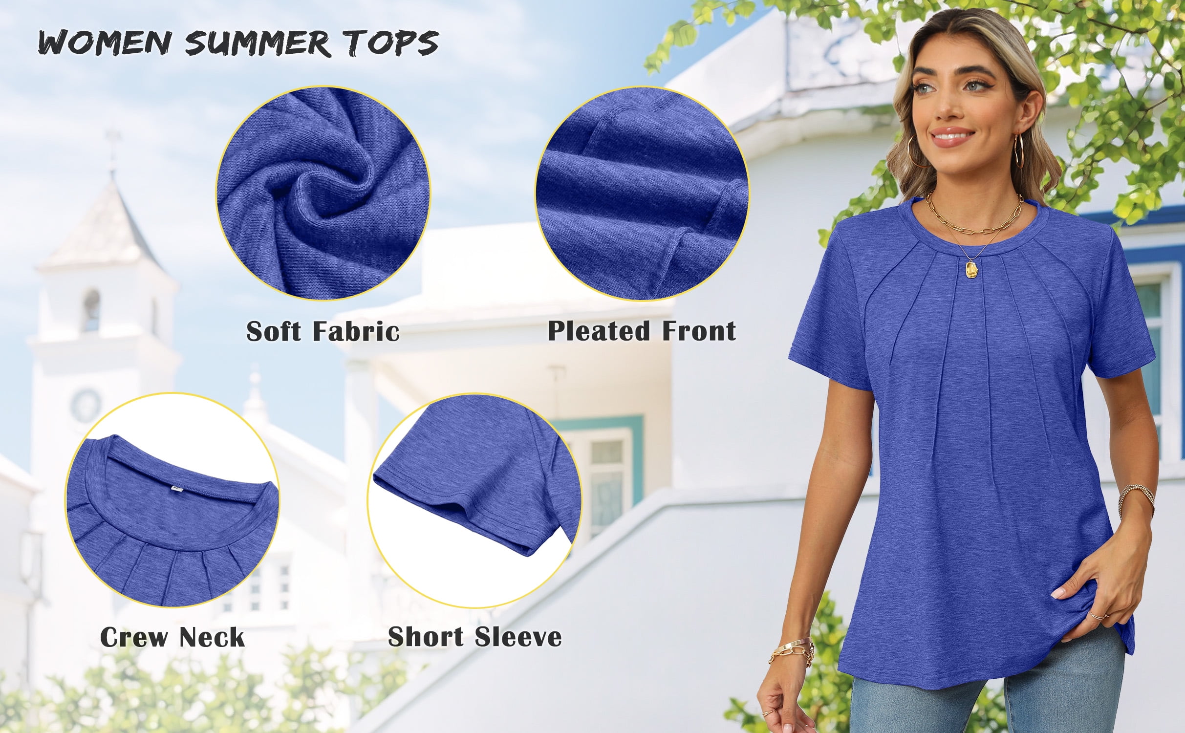 Rosvigor Blouses for Women Short Sleeve Shirts Casual Dressy Summer Tops with Pleats