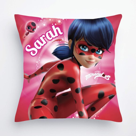 Miraculous Personalized Throw Pillow with Ladybug and Tikki on Red Removable Cover, Custom Name Printed, Official Licensed Product, 14x14