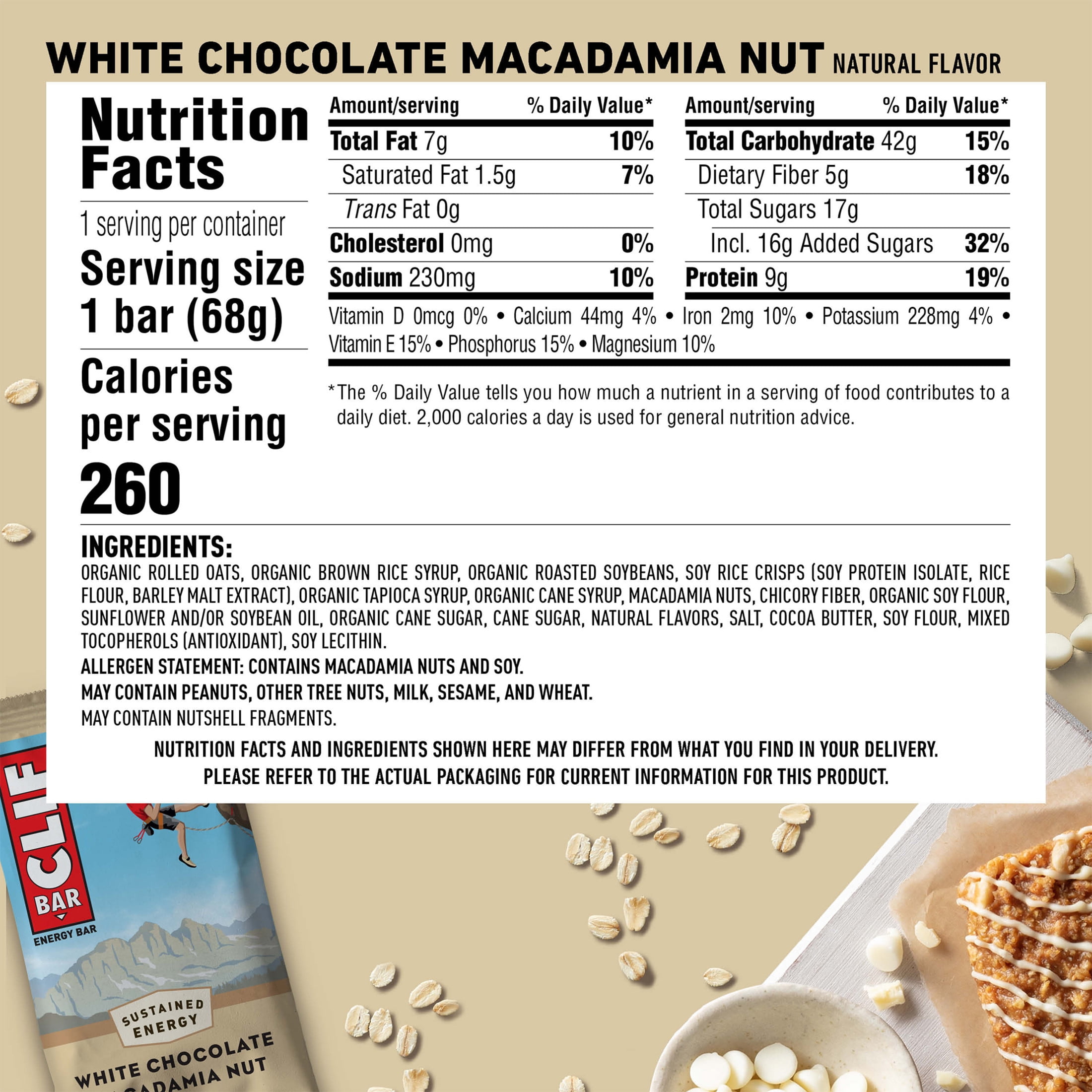 CLIF BAR White Chocolate Macadamia Nut Flavor Energy Bars, Plant Based Protein Bars, 6ct