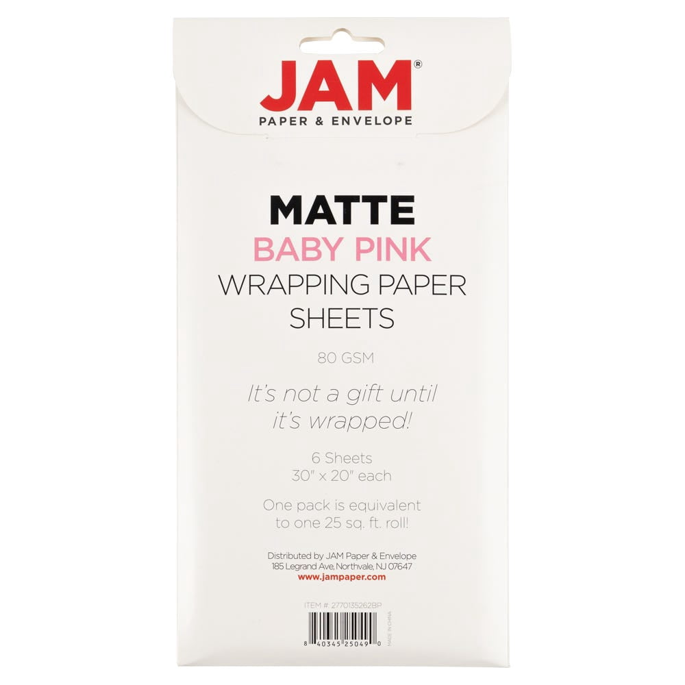 JAM Paper Matte Wrapping Paper Sheets, 30 x 20 per Sheet (25 sq ft Total), Matte Baby Pink, 6 Sheets