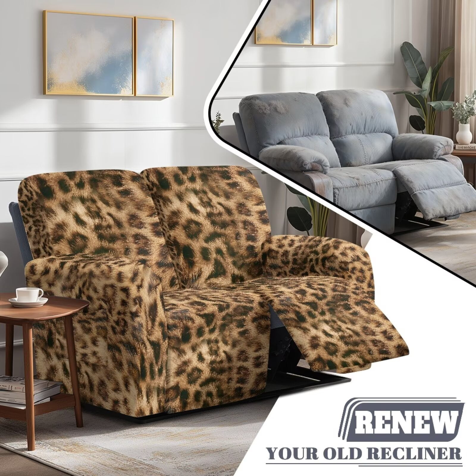 Yuyamidu Brown Leopard Print Loveseat Recliner Covers 2 Seater Soft Recliner Loveseat Slipcover with Elastic Edge Easy to Install Furniture Protector