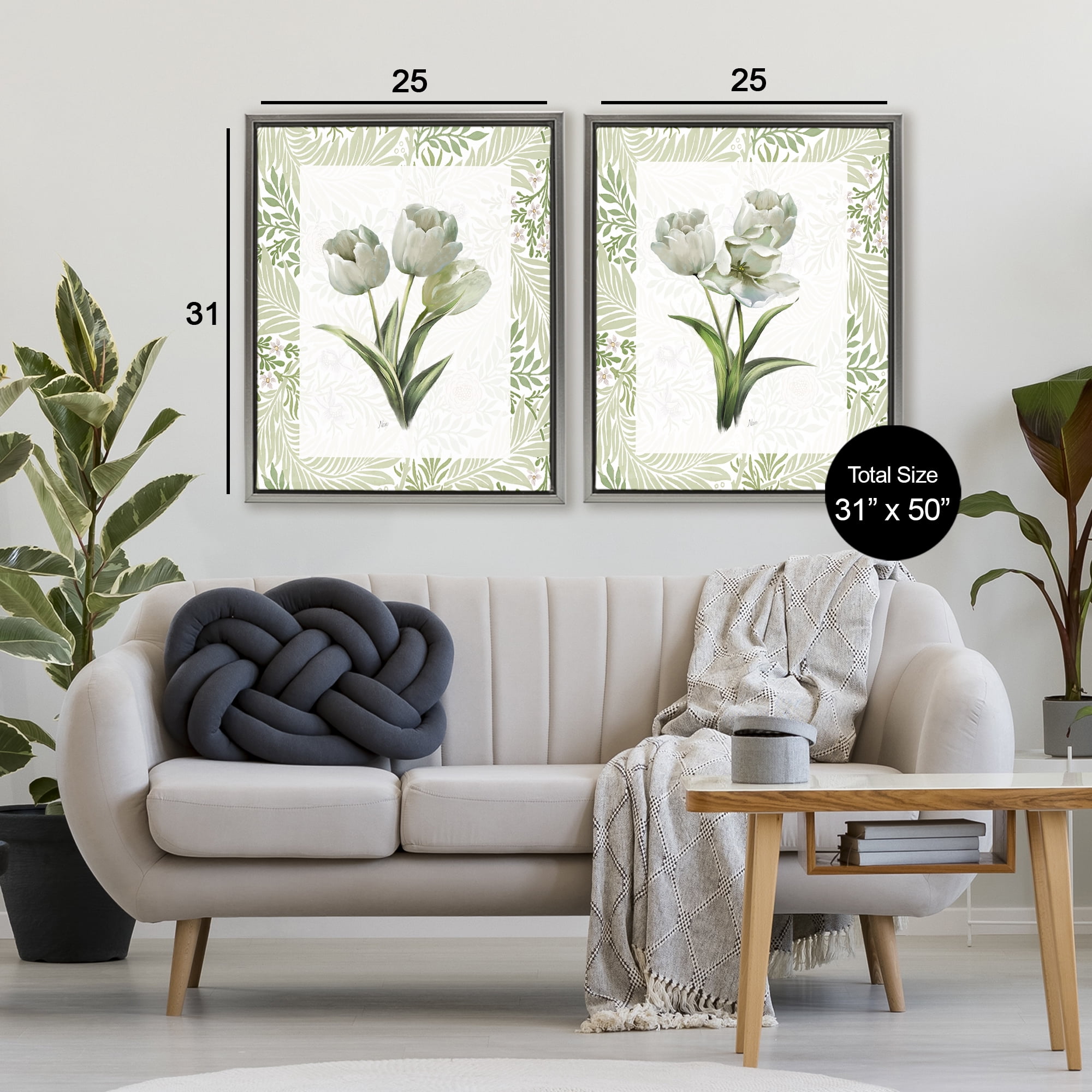 Stupell Industries Soft Green Tulip Trios 2 Piece Gray Framed Floater Canvas Set, design by Nan