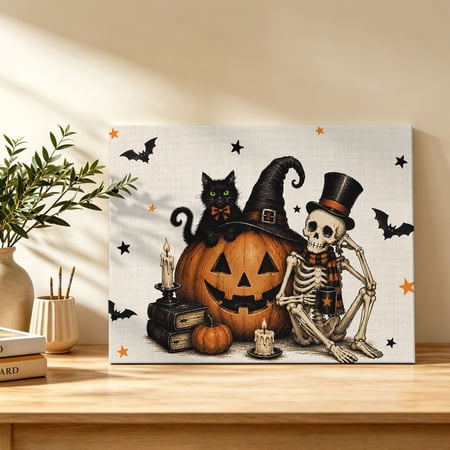 Halloween Canvas Wall Art Carving Pumpkin Skeleton Black Cat Books Retro Linen Wall Art Prints Artwork Framed Canvas Ready to Hang Art Pictures for Bedroom Living Room Closet Kitchen 16 x 12