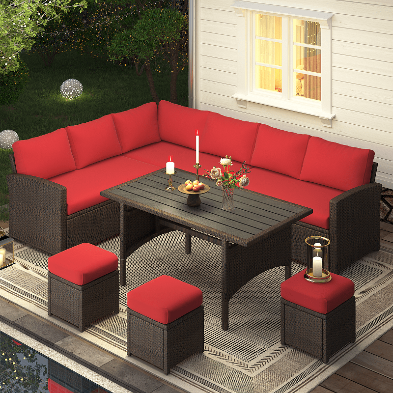AECOJOY 7 Piece Patio Conversation Set, Outdoor Sectional Sofa Rattan Wicker Dining Furniture, Red