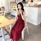 thumbnail image 2 of Vestido midi plisado sin mangas de color sólido de cintura alta vestido informal, rojo vino, L Yuarrent AP001458-06B, 2 of 7