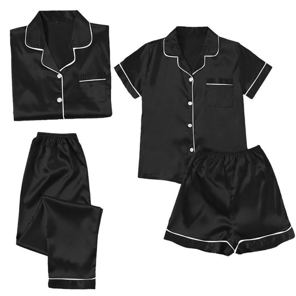 TEVEQ Satin Silk Pajamas for Women Set 4Pcs Soft Satin Pajamas Set Button Down Short Sleeve Cami Shorts Sleepwear Pj Set Sleepwear and Shorts Set Women Leisure Suit Loungewear Black L