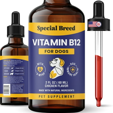 Liquid Vitamin B12 for Dogs – Methylcobalamin and 5-MTHF – Boosts Energy, Appetite, Mood & Immune System Support, Easy-to-Use Dropper - Chicken Flavor, 2 fl oz