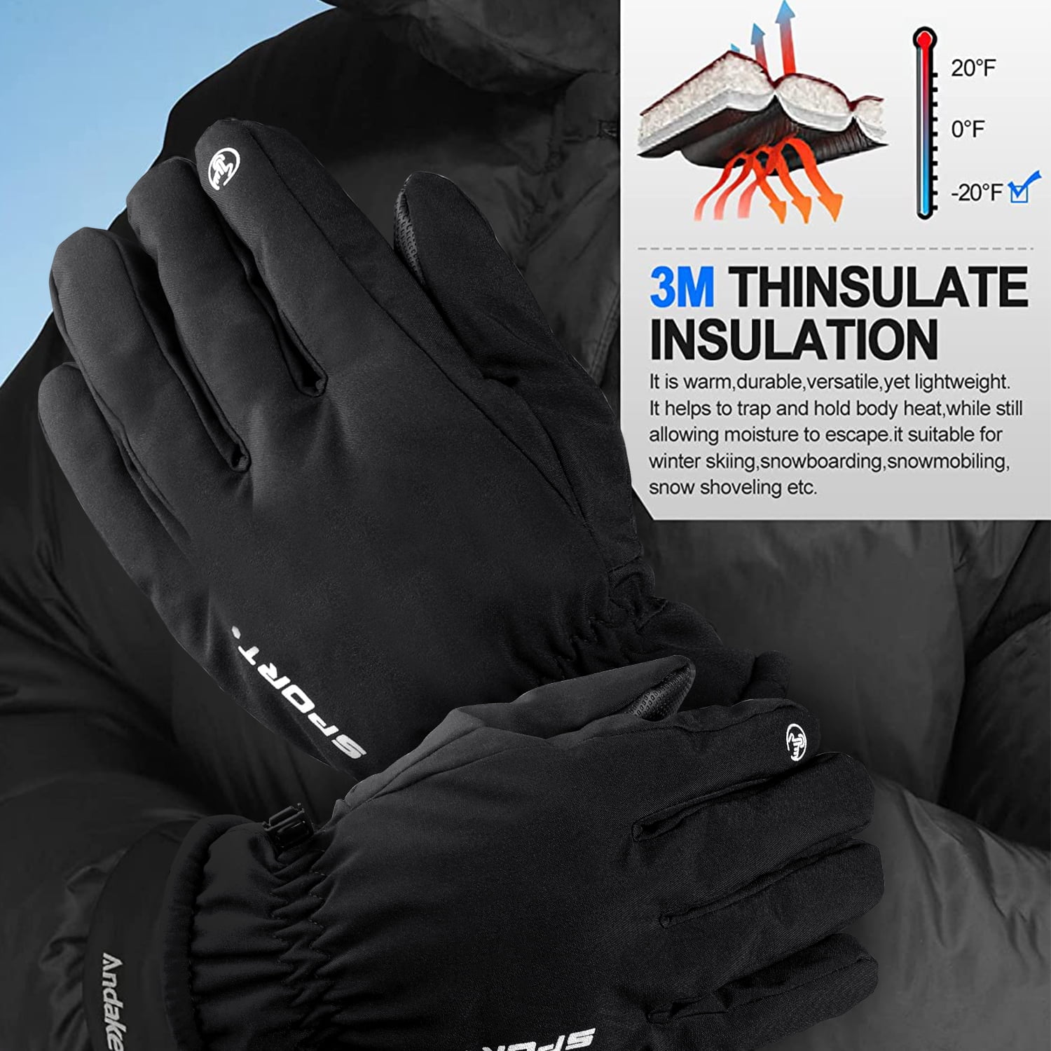 BRGOOD Guanti da Sci Impermeabile, 3M Thinsulate Termici Sci Muffole per  Uomo Donna, Touchscreen, Guanti Invernali per Snowboard, Motoslitta