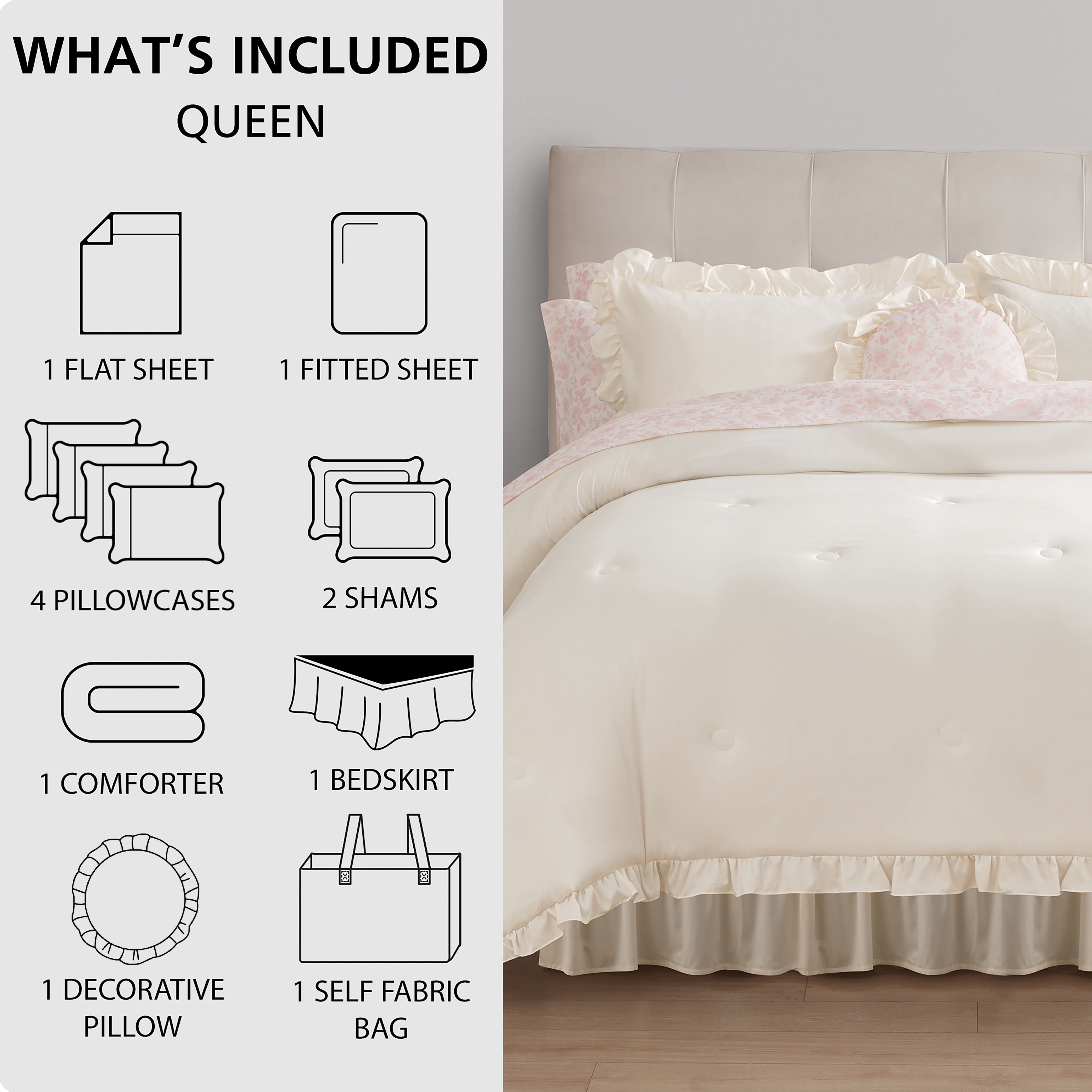 Mainstays Reversible 11-Piece Bed-in-a-Bag Comforter Set with Sheets, Cream Ruffle, Queen