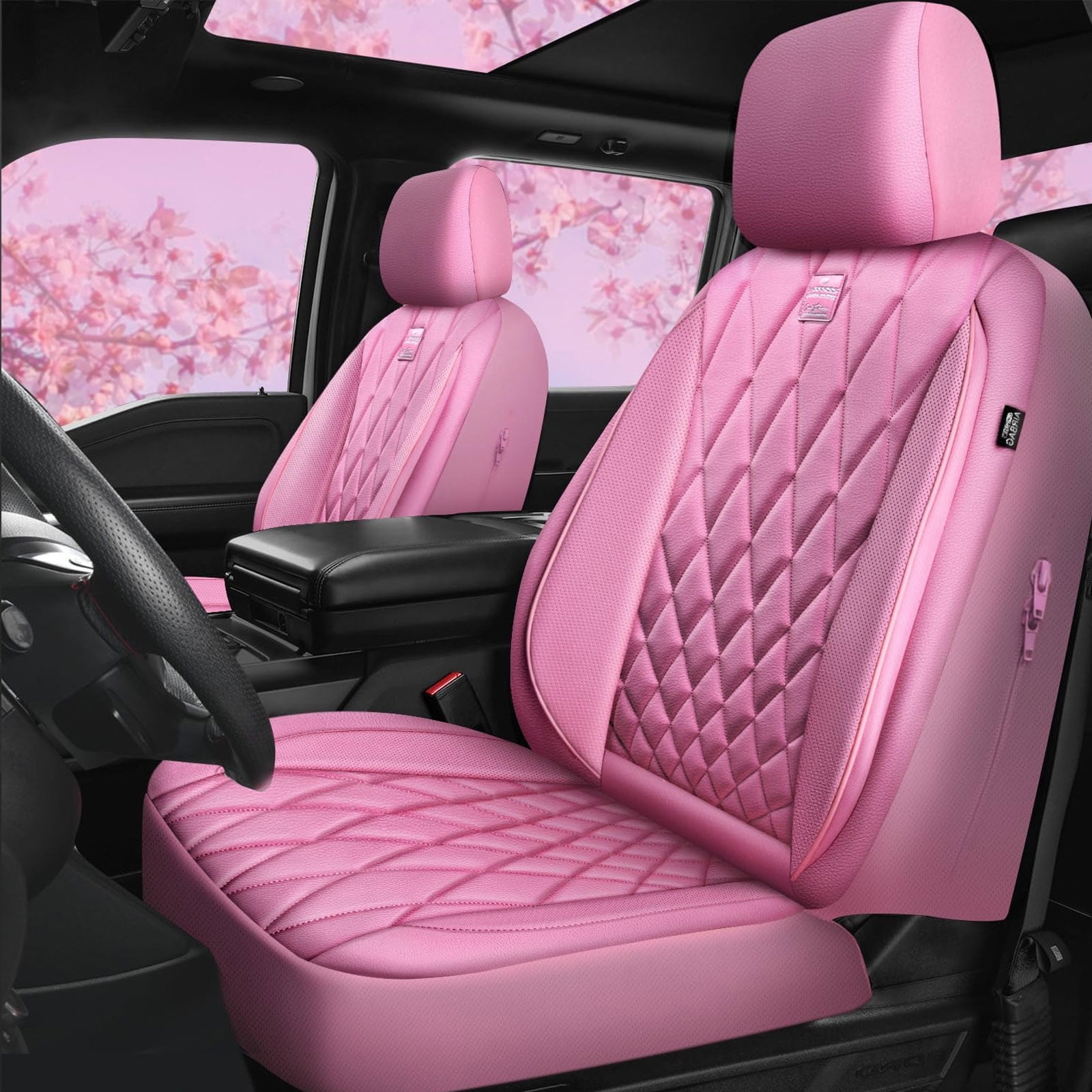 CAR GRAND Piping Luxury Faux PU leather Full Set Car Seat Covers Water Proof Armrest Airbag Compatible Universal Fit SUV VAN Truck All Pink