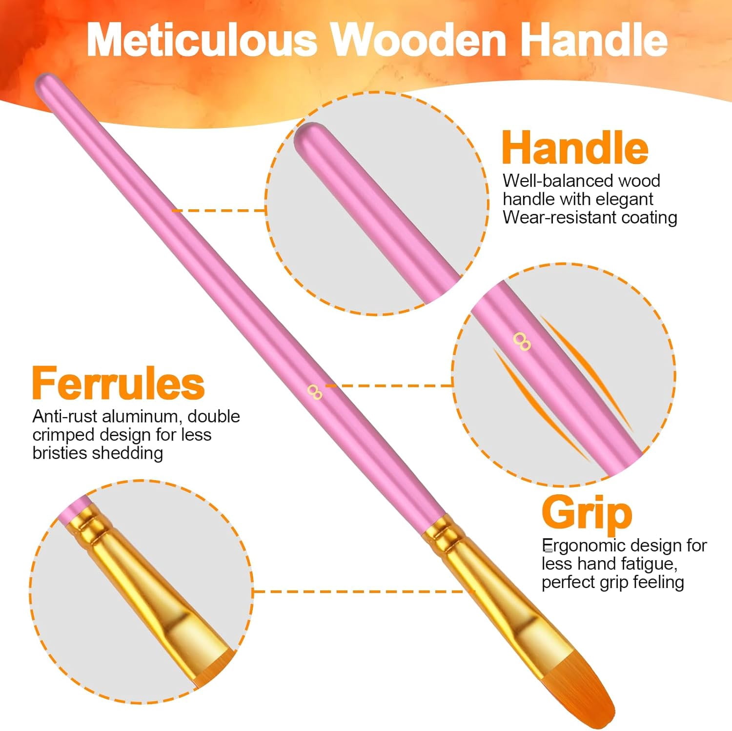 JJEAN-Paint Brushes Set, 5 Pack 50 Pcs Round-Pointed Tip Paintbrushes Nylon Hair Artist Acrylic Paint Brushes for Acrylic Oil Watercolor, Face Nail Art, Miniature Detailing & Rock Painting, Pink