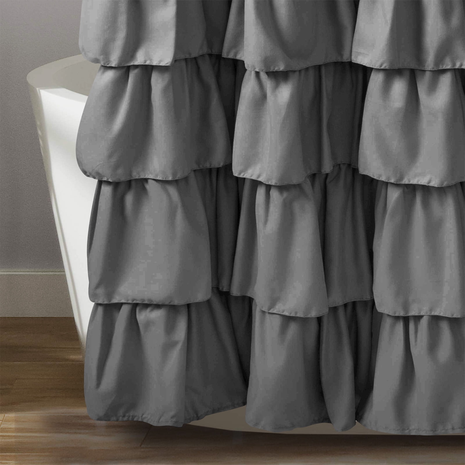 Farmhouse Shower Curtain Black and White Buffalo Plaid Pattern Fabric with Buttons & Gray Ruffles 72"x72"
