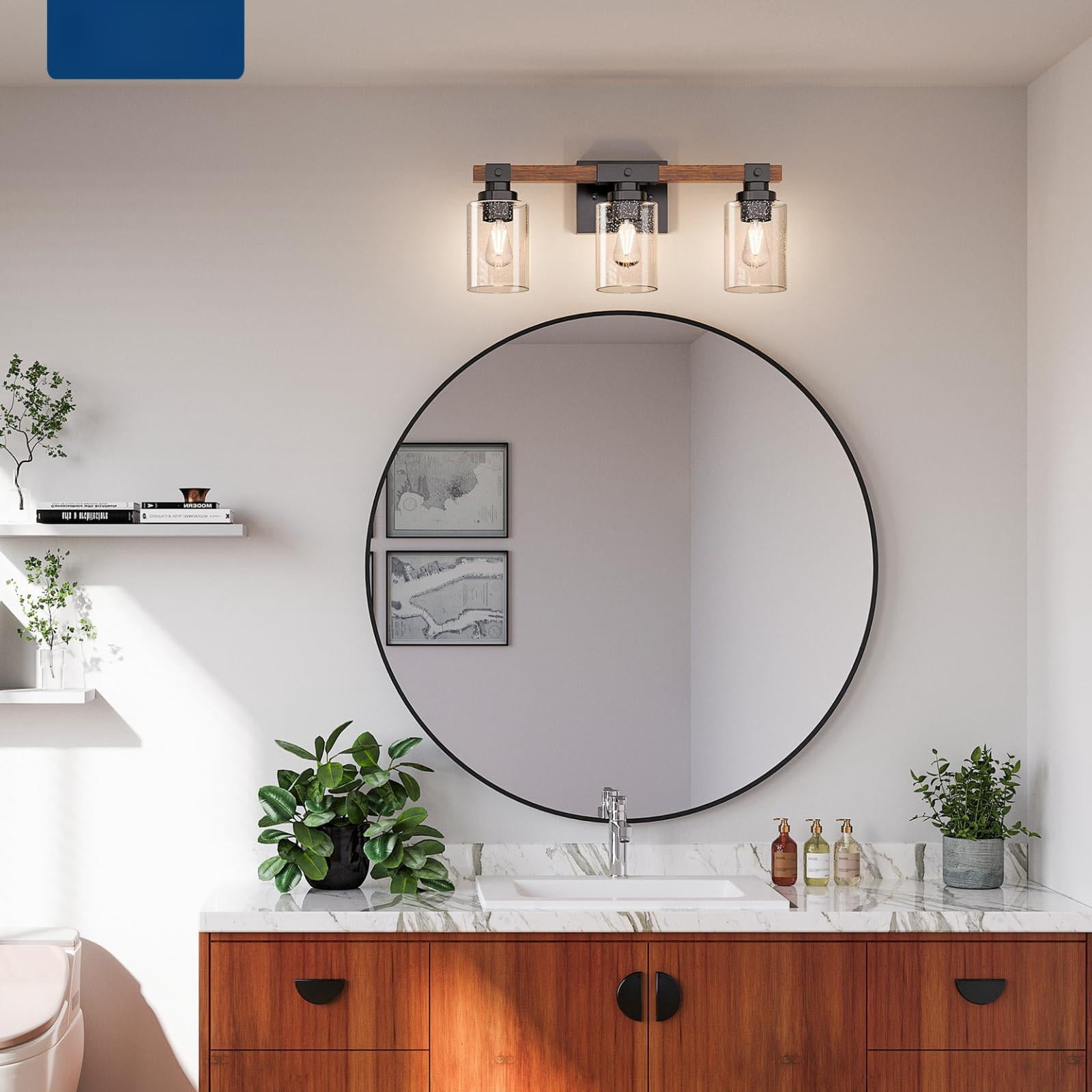 3-light Farmhouse Vanity Light Fixture  Rustic Wood Bathroom Fixtures Industrial Vintage Black Wall Sconces Lights With Bubble Glass Shade For Mirror Bedroom Living Room Hallway