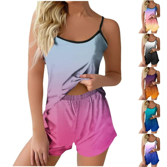 abtuhar Womens Pjs Sets,Pajamas Sets for Women 2pc,Womens Gradient Sling Sleeveless Tank Splicing Shorts Casual Pajamas Set Hot Pink XL