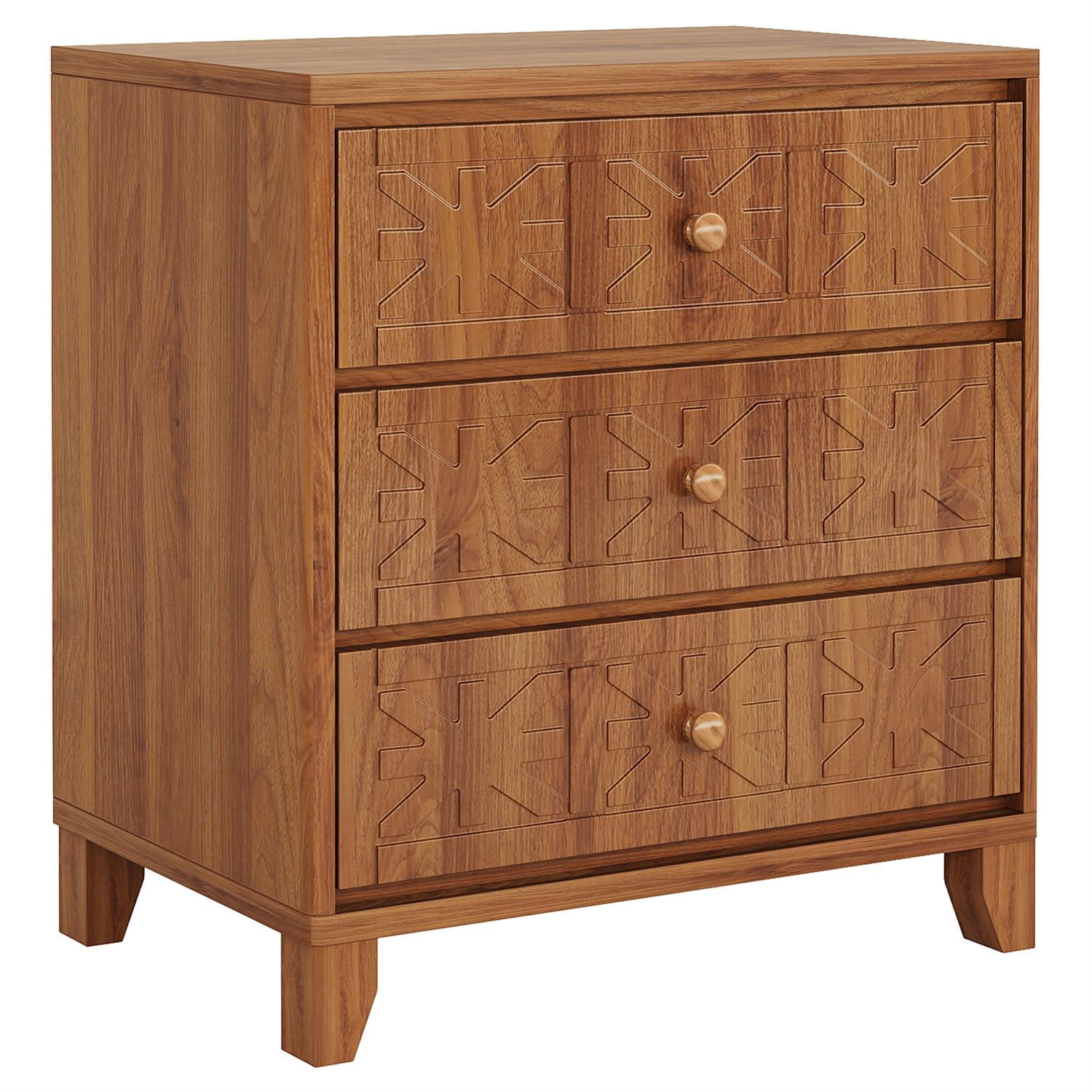 Demi Bonn 25" Wooden Nightstand with 3 Drawers, Elegant Carved Details, Handcrafted Bedside Table for Bedroom, Brown