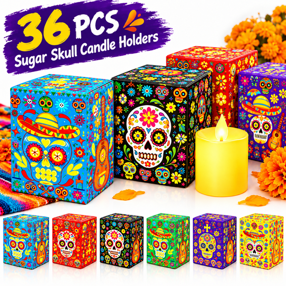 Day of the Dead Decoration Set, 36 Colorful Sugar Skull Lantern Boxes with 36 Flameless LED Tea Lights, 6 Designs for Ofrenda, Altar and Party Decor