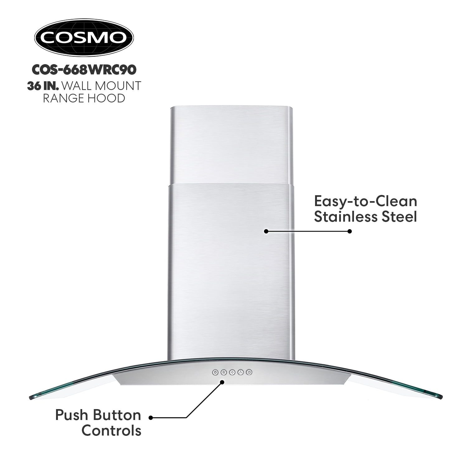 36 in. Vista Collection Ductless Wall Mount Range Hood, Button Controls, LED Lights, Stainless Steel