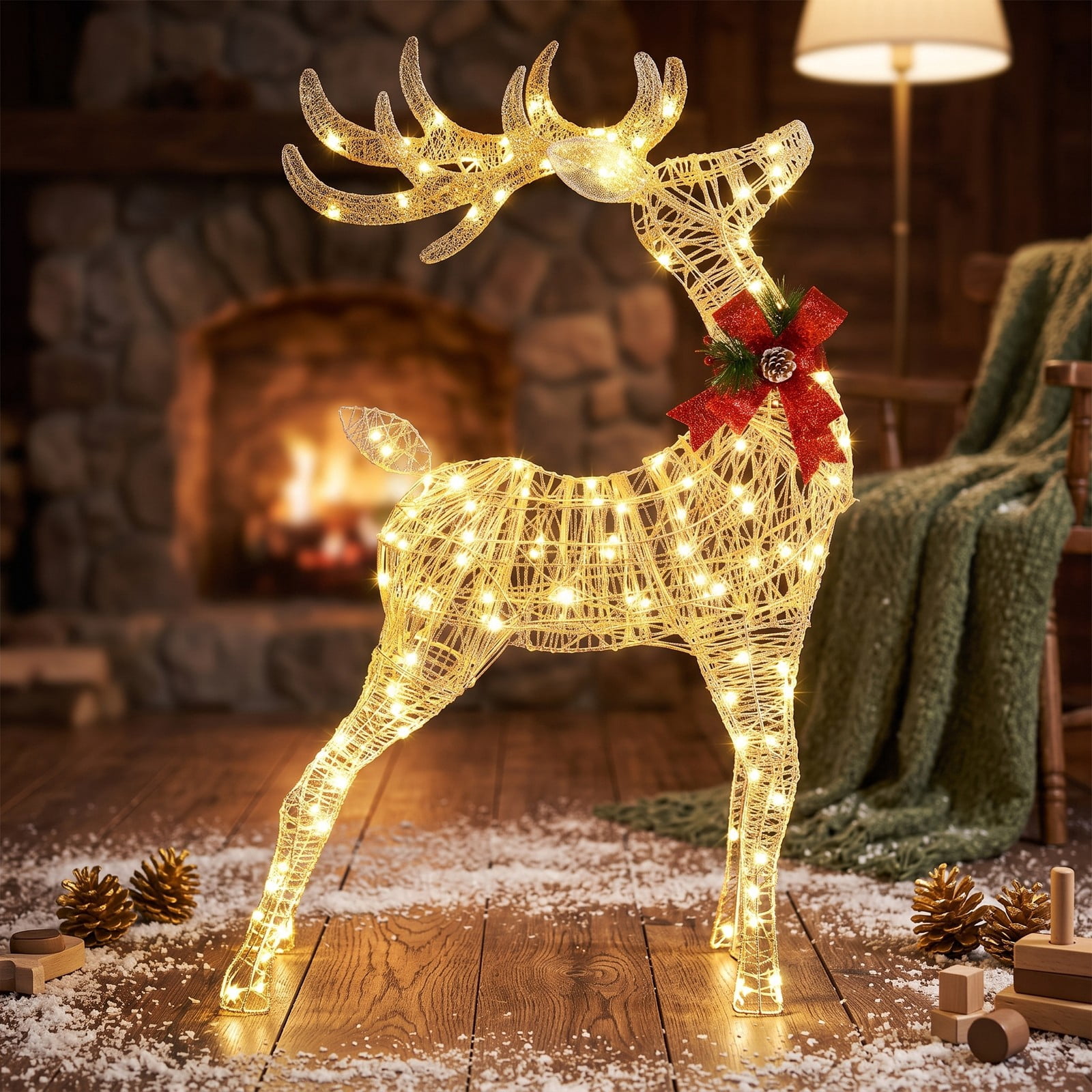 RUIE 53-inch Lighted Standing Reindeer Christmas Decoration, 120 Warm White LEDs, Outdoor Yard Deer with Ground Stakes, White